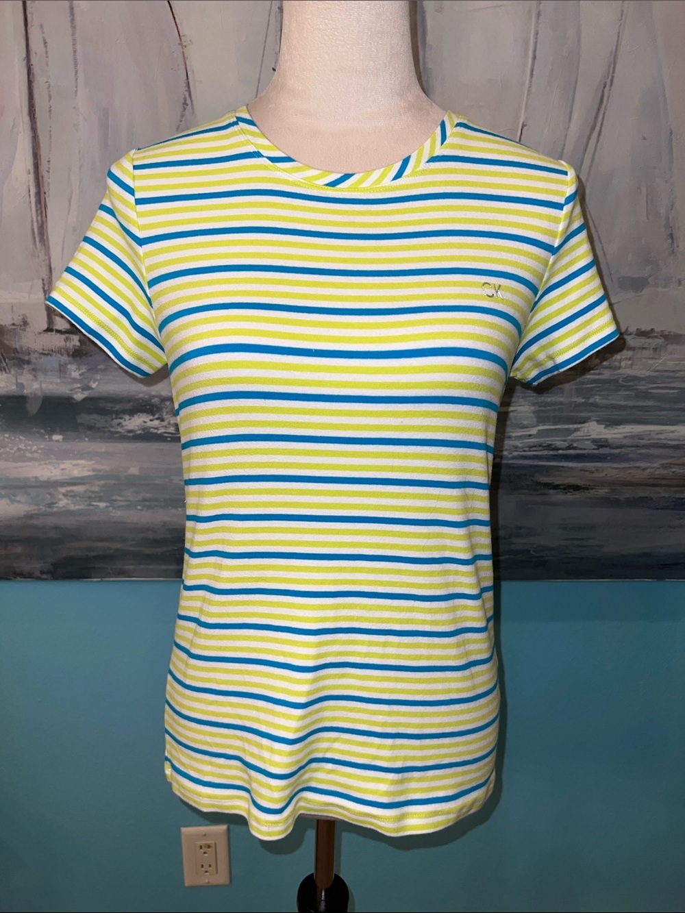 Calvin Klein Lime & Blue Striped Short Sleeve T-Shirt, Medium